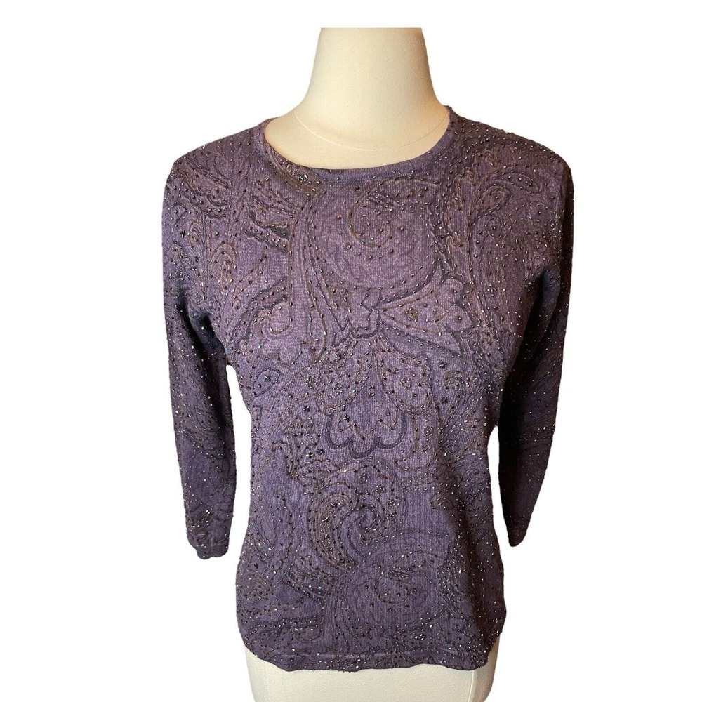 Double D Ranch Beaded Linen Cotton Crew Neck Sweater Small Purple Paisley Plum